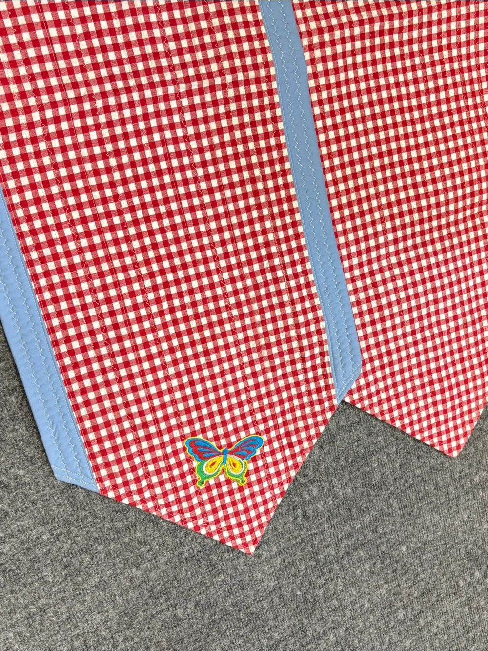 Red Gingham Table Runners with Light Blue Trim and Butterfly Embroidery